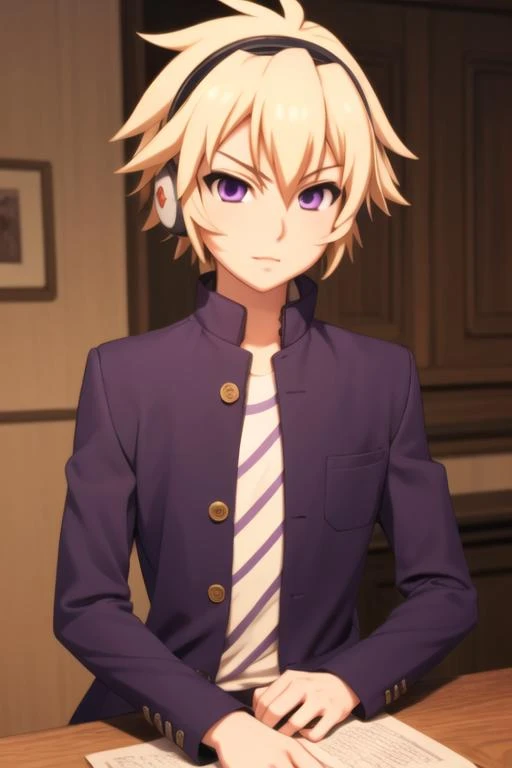 masterpiece, best quality, high quality, 1boy, solo, male focus, looking at viewer, upper body, <lora:izayoi_sakamaki:0.72>, izayoi_sakamaki, blonde hair, purple eyes, , gakuran