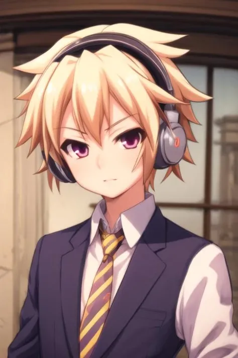 masterpiece, best quality, high quality, 1boy, solo, male focus, looking at viewer, upper body, <lora:izayoi_sakamaki:0.76>, izayoi_sakamaki, , headphones, formal, necktie, dress shirt