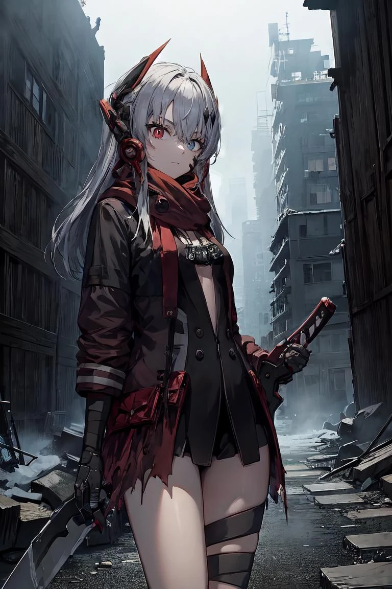 white hair, long hair, headgear, hair ornament, facial mark, heterochromia, red eyes, grey eyes, red scarf, mechanical arms, red jacket, center opening, black dress, dog tags, (red pouch:1.3), open jacket, torn clothes, tail coat
BREAK (bandaged leg:1.2)
BREAK (mature female:1.2)
BREAK katana, weapon on back, sheathed
BREAK cowboy shot, dutch angle
BREAK ruined city, ashes, ruined buildings, ruins, post-apocalypse, light trails, holding sword, wide stance, volumetric light, snow, snowing
<lora:alpha-21:1>
