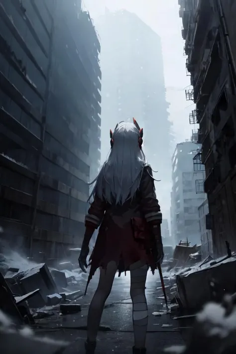 white hair, long hair, headgear, from behind, red jacket, mechanical arms, bandaged leg
BREAK from behind, on top of building, facing away,
BREAK ruined city, ashes, ruined buildings, ruins, post-apocalypse, light trails, wide stance, volumetric light, snow, snowing, floating hair
BREAK cowboy shot
<lora:alpha-21:1>