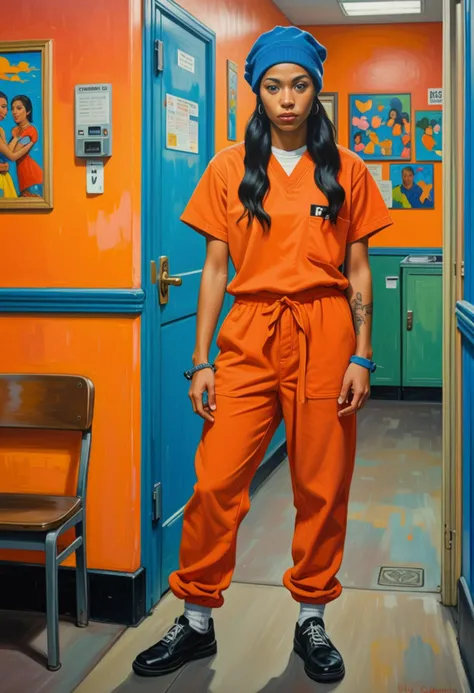 (art in the style of Paul Gauguin) of a woman prisoner inmate, wearing orange jumpsuit with prisoner number, elastic-cuffed pants, black beanie hat, black shoes, wearing handcuffs, set in family visitation room, with colorful murals on the walls, toys for children, a vending machine offering snacks and drinks , award winning, very aesthetic