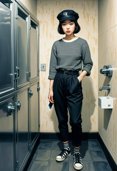 (horror painting by Utagawa Kuniyoshi) of a woman prisoner inmate, wearing black and white striped long-sleeve shirt with "inmate" printed, black and white striped pants, black and white striped hat, black sneakers, holding a prison ID card, set in public Toilet, Functional, no-frills space with vinyl flooring, partitioned stalls with stainless steel doors, large industrial-grade hand dryers, wall-mounted soap dispensers, central waste bin , award winning, very aesthetic