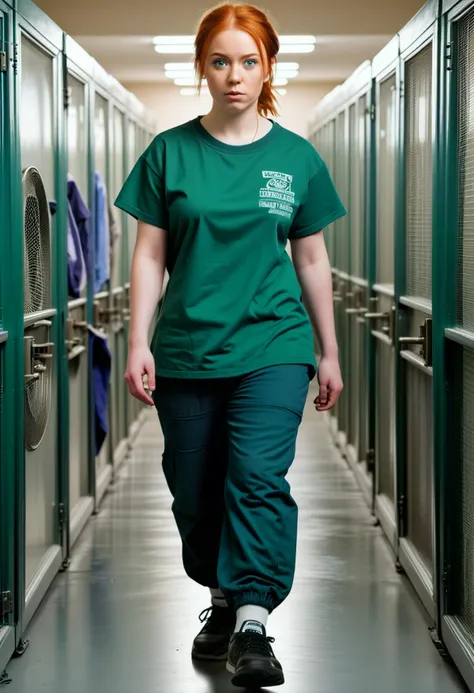 (medium full shot) of (angelic young woman:1.1) prison inmate, british, blue eyes, light skin, curvy, ginger low pigtails hair, wearing dark green prison uniform with t-shirt with "inmate" printed, drawstring pants, black sneakers, holding a mesh laundry bag, surprised, open mouth, running toward the viewer, set in prison visitation room, with rows of plastic chairs facing each other across a long table, separated by a thick pane of Plexiglas , ,Masterpiece,best quality, photorealistic, amazing quality, very aesthetic, extremely detailed face,