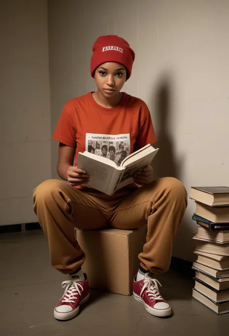 ((fashion photography)), perfect face, perfect eyes, (medium full shot) of (attractive prison inmate) young woman, black american, dark eyes, dark skin, dark skin, black eyes, tiny, short red hair, wearing brown prison uniform with t-shirt with "inmate" printed, drawstring pants, plain beanie, black sneakers, clutching a worn paperback book, set in quiet reading room, with comfortable chairs, soft lighting, the sound of pages turning , at night, laughing, jumping in the air, masterpiece, best quality, photorealistic, very aesthetic