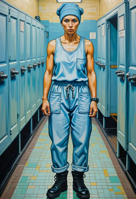 (Stunning acrylic painting by vincent Van Gogh) of a  woman prisoner inmate,              wearing light blue prison uniform with tank top with "inmate" printed, drawstring pants, plain beanie, black boots, wearing handcuffs,             set in  public Toilet, Clean, well-lit space with tiled floors, rows of stalls, sinks with mirrors above, hand dryers mounted on the wall, waste bin  , at night, award winning, very aesthetic