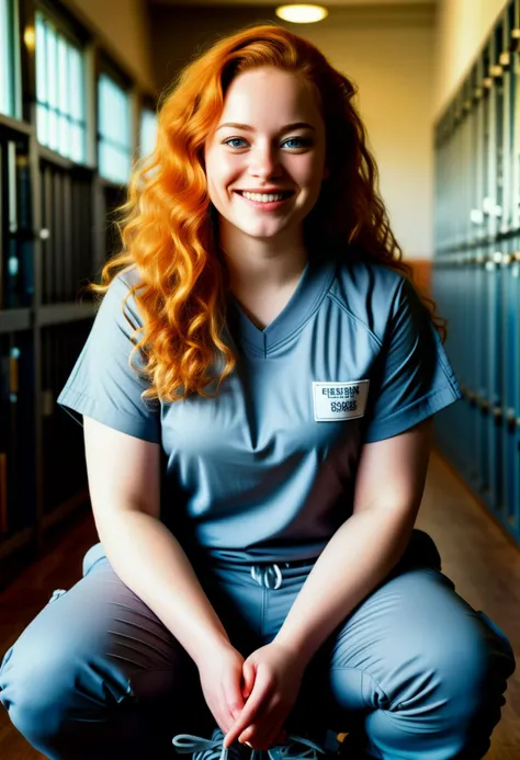 (medium full shot) of (vivacious young woman:1.1) prison inmate, russian, blue eyes, fair skin, curvy, ginger wavy hair,             wearing gray prison uniform with t-shirt, drawstring pants, black sneakers, holding a shiv, laughing, squatting, set in  prison library, with GED prep materials, vocational training resources, inmates participating in classes , at sunset, ,Masterpiece,best quality, photorealistic, amazing quality, very aesthetic, extremely detailed face,