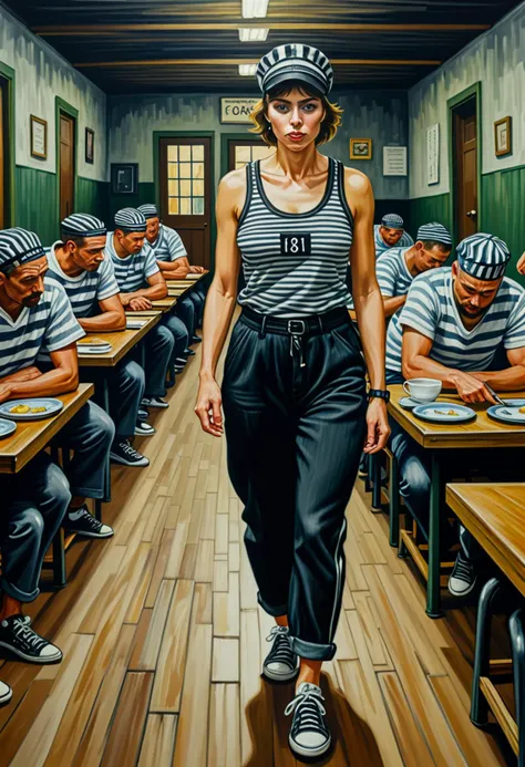 (Stunning acrylic painting by vincent Van Gogh) of a woman prisoner inmate, wearing black and white striped tank top with prisoner number, black and white striped pants, black and white striped hat, black sneakers, wearing handcuffs, set in prison mess hall, with long cafeteria tables, metal trays, inmates lining up for food served from a steam table , at night, award winning, very aesthetic