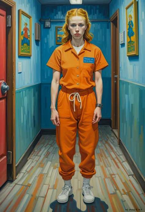 (Stunning acrylic painting by vincent Van Gogh) of a  woman prisoner inmate,              wearing orange jumpsuit with prisoner number, elastic-cuffed pants,  white shoes, wearing handcuffs,             set in  family visitation room, with colorful murals on the walls, toys for children, a vending machine offering snacks and drinks , at night, award winning, very aesthetic