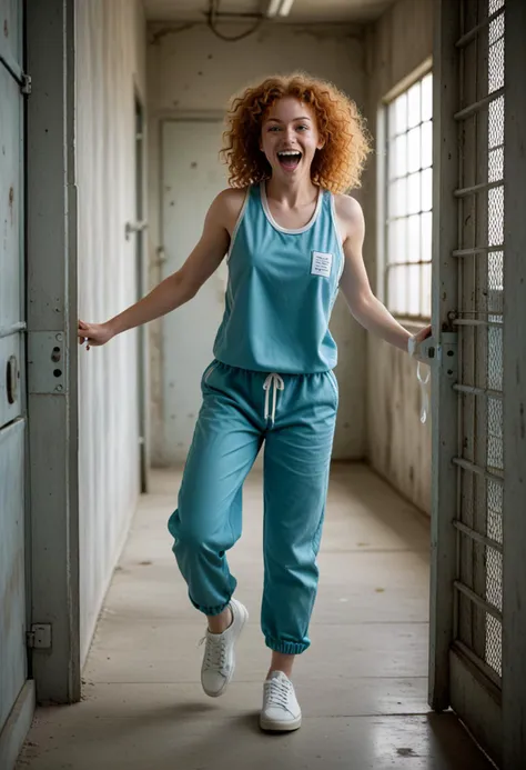 (medium full shot) of (desirable young woman:1.1) prison inmate, french, green eyes, light skin, petite, ginger curly hair, wearing light blue prison uniform with tank top with prisoner number, drawstring pants, white sneakers, holding a mesh laundry bag, laughing, jumping in the air, set in dimly lit prison cell, with bare concrete walls, a small barred window, a narrow metal bed with a thin mattress , at night, Masterpiece,best quality, photorealistic, amazing quality, very aesthetic, extremely detailed face,
