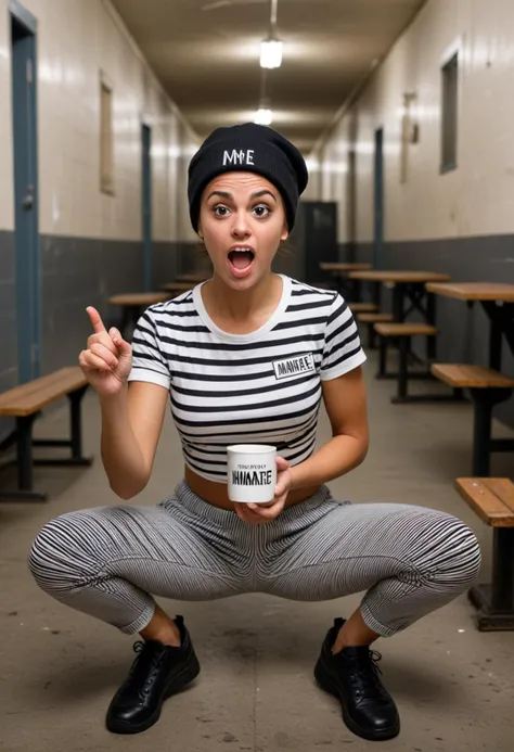 (medium full shot) of (esthetic young woman:1.1) prison inmate, brazilian, brown eyes, tan skin, athletic build, dark low chignon hair, wearing black and white striped t-shirt with "inmate" printed, black and white striped pants, black beanie hat, black shoes, carrying a plastic mug, surprised, open mouth, pointing her finger at the viewer, set in prison mess hall, with benches bolted to the floor, fluorescent lighting, the smell of institutional food in the air , at night, Masterpiece,best quality, photorealistic, amazing quality, very aesthetic, extremely detailed face,