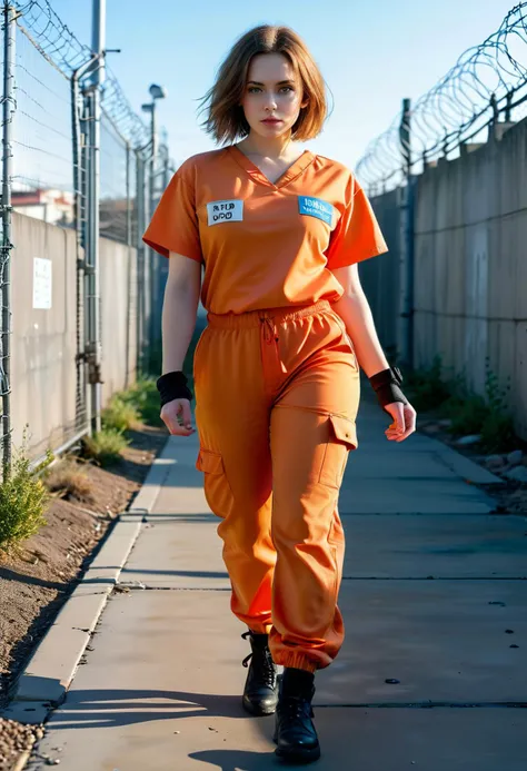 (medium full shot) of (gorgeous young woman:1.1) prison inmate, russian, blue eyes, fair skin, curvy, brown bob cut hair, wearing orange jumpsuit with prisoner number, elastic-cuffed pants, black shoes, wearing handcuffs, surprised, open mouth, running toward the viewer, set in fenced-in exercise yard, with chain-link fencing, concrete pavement, a guard tower overlooking the area , at night, ,Masterpiece,best quality, photorealistic, amazing quality, very aesthetic, extremely detailed face,