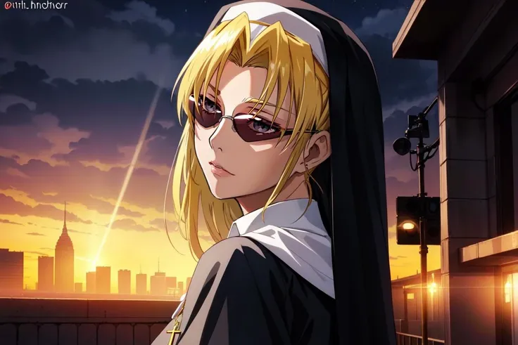 edabpl, <lora:edabpl:0.65>
 blonde hair, grey eyes, (sunglasses:1.2), eye contact