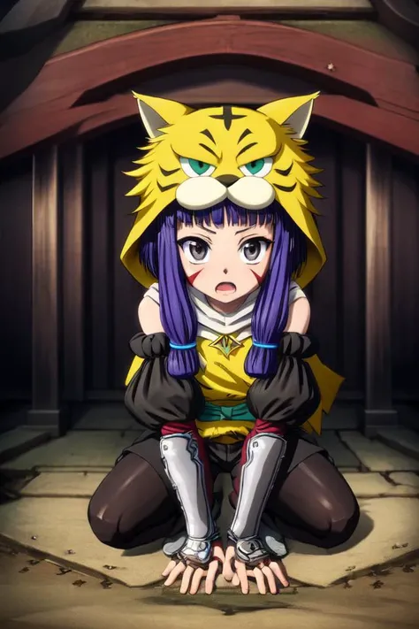 masterpiece, best quality, absurdres, ultra-detailed, <lora:sagara_youchien-000150:0.7>, maeda inuchiyo,maeda inuchiyo, 1girl, solo, looking at viewer, open mouth, outdoors, full body, spread legs, squatting, long hair, animal hood, cloak, detached sleeves, gauntlets, yellow shirt, black shorts, tabi, waraji