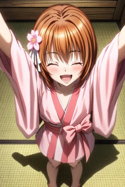 masterpiece, best quality, absurdres, ultra-detailed, <lora:sagara_youchien-000150:0.7>, nene, 1girl, solo, blush, smile, short hair, open mouth, closed eyes, hair flower, from above, pink kimono, obi