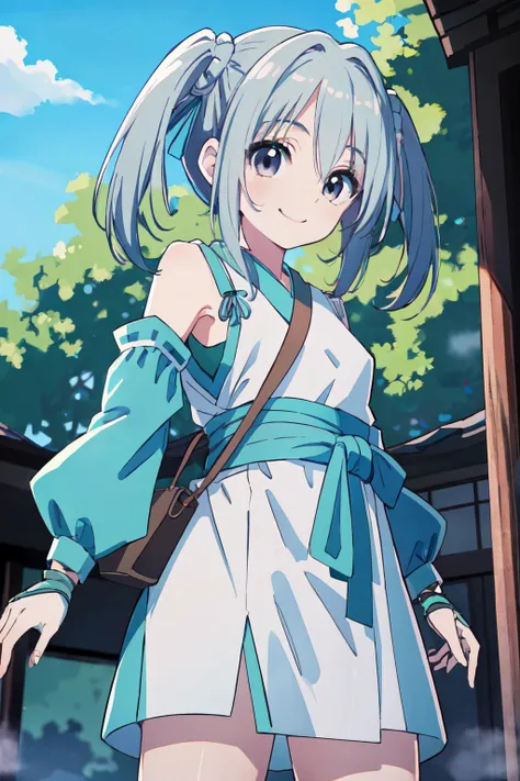 <lyco:sagara_youchien_v2:0.6> takenaka hanbei, long hair, twintails, hair ribbon, fingerless gloves, detached sleeves, japanese clothes, obi, shoulder bag, tabi, waraji,
(best quality, masterpiece, RAW photo,ultra-detailed:1.2), <lyco:GoodHands-beta2:1.0>,1girl,solo,looking at viewer,smile,
from below,