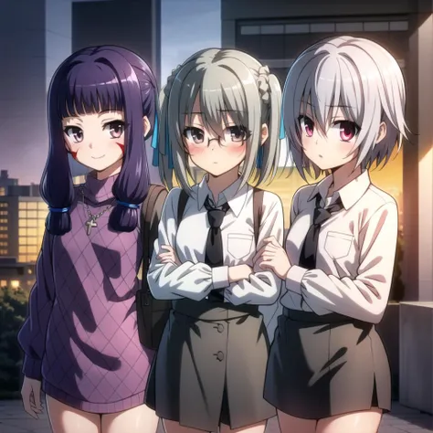 masterpiece,highres,best quality,8k, CG, wallpaper, HDR, high quality, high-definition,outdoors,cityscape,(3girls), looking at viewer,
BREAK
maeda inuchiyo, 1girl, purple eyes,long hair,white turtleneck sweater,(necklace), plaid skirt, thighhighs, flat chest,smile <lyco:sagara_youchien_v1:0.65>
BREAK
takenaka hanbei, ,1girl, grey eyes, hair ribbon, long hair,blush,embarrassed, twintails, white collared shirt,glasses,red necktie,black high waist skirt,loafers
BREAK
hachisuka goemon, 1girl, pink eyes, short hair, black pencil skirt,blazer,white collared shirt,necktie,pantyhose,flat chest,expressionless,