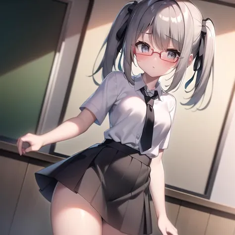 masterpiece,highres,best quality,8k, CG, wallpaper, HDR, high quality, high-definition, takenaka hanbei, ,1girl, solo,looking at viewer, beautiful grey eyes, hair ribbon, long hair, twintails, white collared shirt,glasses,red necktie,black high waist skirt,loafers,classroom, cowboy shot, <lyco:sagara_youchien_v1:0.4>