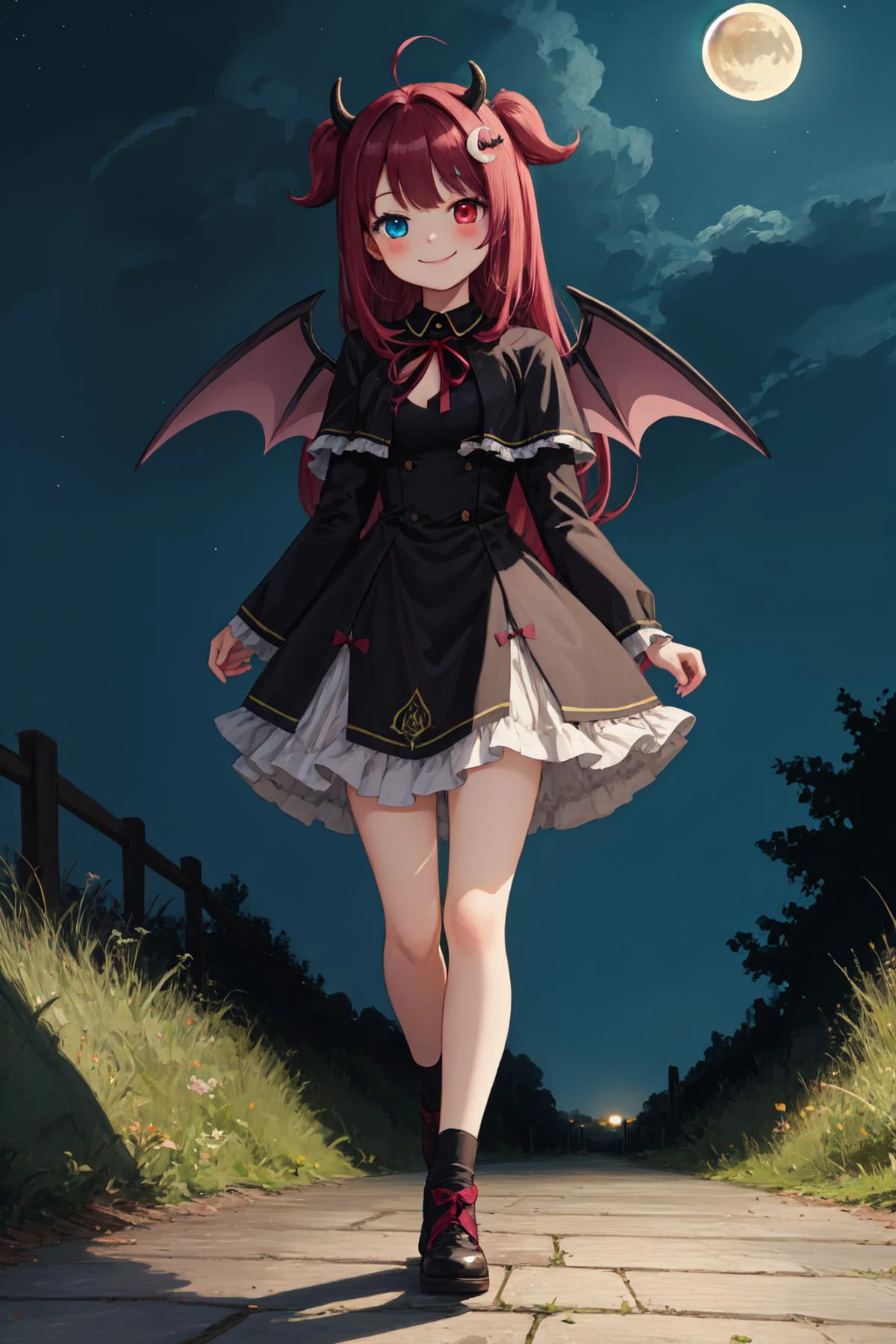 masterpiece, best quality, 1girl, closed mouth, yuzukiroaid, dress, black dress, heterochromia, demon girl, bat wings, outdoors, night time,( night:1.4), smile, looking at viewer, full body, <lora:yuzuki_roa-10:1.000000>