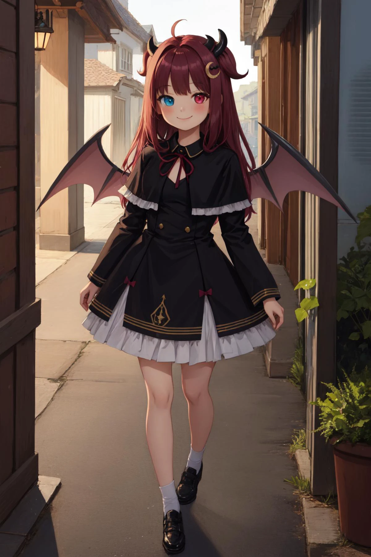 masterpiece, best quality, 1girl, closed mouth, yuzukiroaid, dress, black dress, heterochromia, demon girl, bat wings, outdoors, smile, looking at viewer, full body, <lora:yuzuki_roa-10:1.000000>