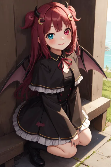 masterpiece, best quality, 1girl, closed mouth, yuzukiroaid, dress, black dress, heterochromia, demon girl, bat wings, outdoors, smile, looking at viewer, full body, <lora:yuzuki_roa-10:1.000000>