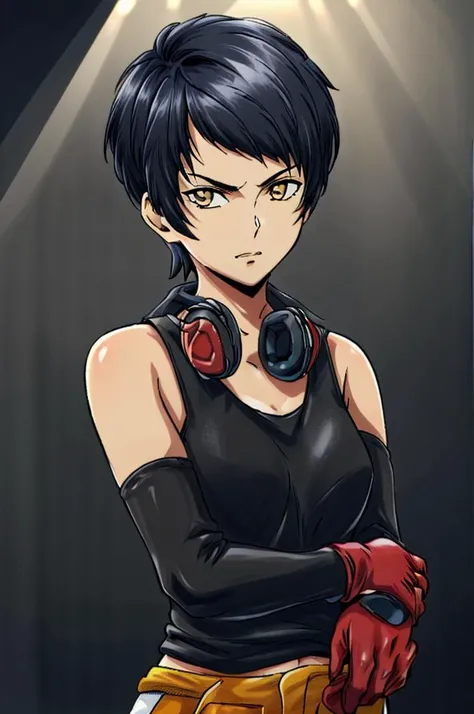 masterpiece, high quality, best quality, absurdres, detailed, extremely detailed,
anime,
workshop, tools, wrench, dramatic lighting,
1girl, avril mead is standing , close up, looking at viewer, black tank top, upper body, face, short black hair, headphones around neck, red gloves, yellow pants,
<lora:CyberPunkAI:0.7:BG> <lora:Avril Mead:0.7:CHARA>, <lora:add_detail:1>, <lora:animeoutlineV4_16:0.7:STYLE>
