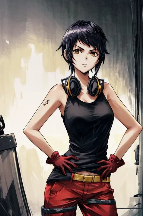 masterpiece, high quality, best quality, absurdres, detailed, extremely detailed,
anime,
workshop, tools, wrench, dramatic lighting,
1girl, avril mead is standing , close up, looking at viewer, black tank top, upper body, face, black hair, headphones around neck, hands on hip, red gloves, yellow pants,
<lora:CyberPunkAI:0.7:BG> <lora:Avril Mead:0.5:CHARA>, <lora:add_detail:1>, <lora:animeoutlineV4_16:0.7:STYLE>