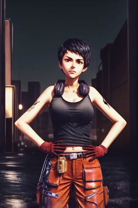 masterpiece, high quality, best quality, absurdres, detailed, extremely detailed,
anime,
abandoned cyberpunk city, city lights, dramatic lighting,
1girl, avril mead is standing , close up, looking at viewer, black tank top, upper body, face, black hair, headphones around neck, hands on hip, red gloves,
<lora:CyberPunkAI:0.7:BG> <lora:Avril Mead:0.8:CHARA>, <lora:add_detail:1>,