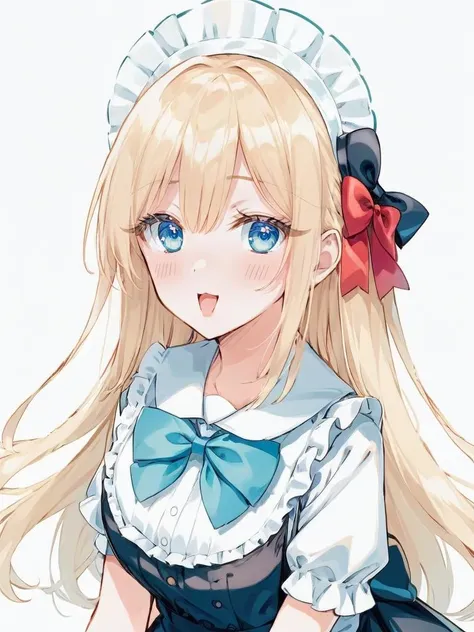 1girl,breasts,solo,blonde hair,maid headdress,cleavage,blush,long hair,looking at viewer,bow,open mouth,blue eyes,maid,white background,simple background,upper body,bowtie,medium breasts,sweat,large breasts,red bow,ribbon,red bowtie,detached collar,