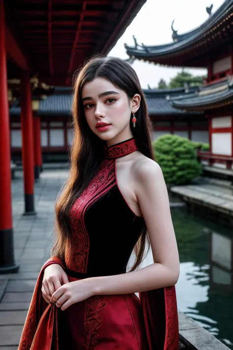 DashaT_SoloTI_v1, PA7_Portrait-MCU,
(Crimson velvet robe embroidered with soaring dragons, high mandarin collar, cinched waist, billowing sleeves, jade hairpins securing updo),
(Winding paths through bonsai, koi ponds, trickling water, stone lanterns illuminating blooms, ancient willows filtering sunlight, pagoda rooftops peeking above verdant landscape: 1.3),
(seductive:1.3),photorealistic, masterpiece, high quality, artistic, unique, award winning photograph, professional, 8k, RAW photo, best quality,flattering,
<lora:add_detail:0.6>,<lora:LowRa:0.2>