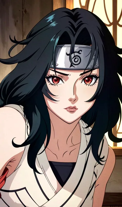 <lora:OGT_Kureni Yuhi-v2:0.7> Kurenai Yuhi, female focus, solo, leaf, 1girl, black hair, long hair, headband, forehead protector, konohagakure symbol, solo, medium breasts, hour glass body, hour glass body, ((dress, shoulderless dress)) ,indoors, dutch angle, upper body, looking at viewer, red eyes, perfect lighting, ((shining face, shining body)), perfect face, make up, eye shadow, lip gloss, ((gorgeous)), Extremely beautiful, perfect, (masterpiece:1.2), (best quality:1.2), cinematic, perfect skin, perfect lighting, textured skin, detail, beauty, overall, sharp focus, ultra-detailed, illustration, perfect face, ((gorgeous)), Extremely beautiful, perfect, detailed background, seductive, alluring, ((Shonen Style)), (detailed background, intricate background:1.1), beautiful ((Extremely Detailed)), ((Best Quality)), ((Masterpiece)), ((HDR, UHD, 4k))