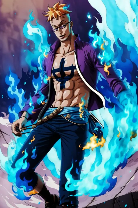 <lora:One_Piece_Marco_All_form-10:0.9>  marco_base, 1 boy, purple shirt, open shirt, glasses, short blonde hair, blue pants, blue fire, blue flame, wings