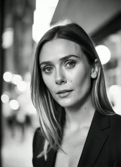 candid RAW close up portrait photo of sks woman in a (purple colored suit:1.0) on a dark street with shopping windows (at night:1.2), bokeh, Ilford Delta 3200 film, dof, high definition, detailed, intricate, flashlight, <lora:locon_elizabetholsen_v1_from_v1_64_32:1.25>
