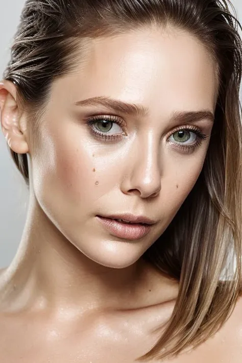 closeup portrait of young sks woman, topless, slick hair, oiled skin, grey background,
<lora:CR-ElizabethOlsen_v1-malcolmrey:1.0>