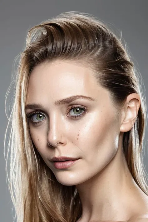 portrait of young sks woman, topless, slick hair, oiled skin, grey background, (tilted angle shot:1.1), (tilted pose:1.1),
<lora:CR-ElizabethOlsen_v1-malcolmrey:1.1>