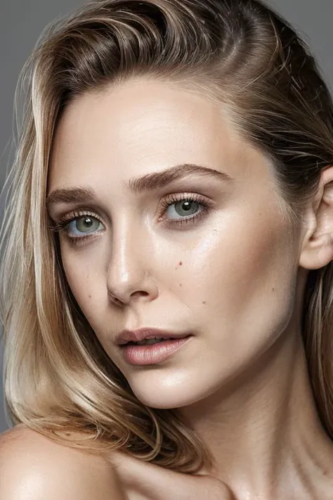 portrait of young sks woman, topless, slick hair, oiled skin, grey background, (tilted angle shot:1.1),
<lora:CR-ElizabethOlsen_v1-malcolmrey:1.0>