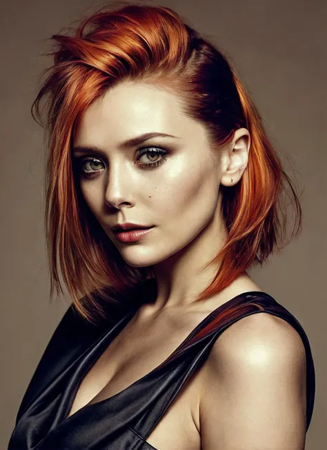 portrait of sks woman by Flora Borsi, style by Flora Borsi, bold, bright colours, orange Mohawk haircut, ((Flora Borsi)), <lora:locon_elizabetholsen_v1_from_v1_64_32:1.25>