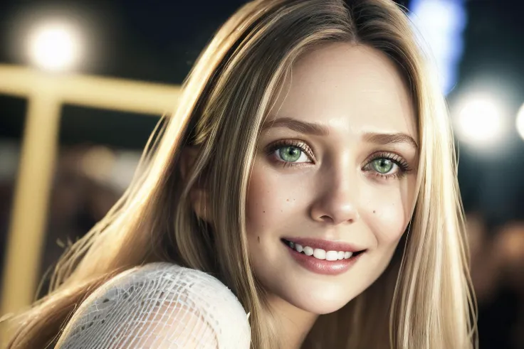 <lora:locon_elizabetholsen_v1_from_v1_64_32:1>, sks woman, Young, Ultra realistic detail green eyes, Ultra realistic detail thick lips, Ultra realistic detail skin, Ultra realistic detail white perfect teeth no gap, Ultra realistic detail real life sexy smile, Ultra realistic real life detail hair, horny, Look at viewer, seductrice, sexual attraction, provocative random dress, warm professional lighting, at night club, upper body,
