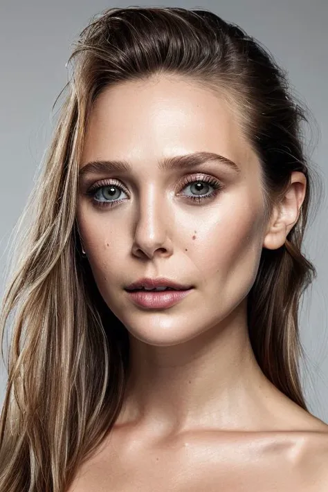 closeup portrait of young sks woman, topless, slick hair, oiled skin, grey background,
<lora:CR-ElizabethOlsen_v1-malcolmrey:1.0>