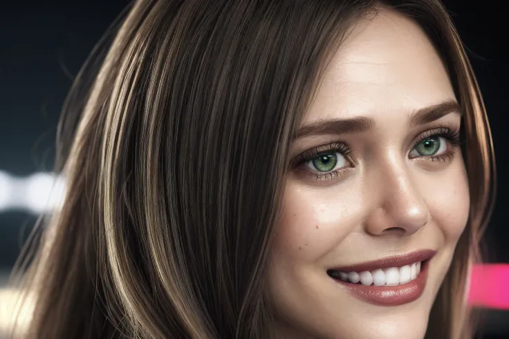 <lora:locon_elizabetholsen_v1_from_v1_64_32:1>, sks woman, Young, Ultra realistic detail green eyes, Ultra realistic detail thick lips, Ultra realistic detail skin, Ultra realistic detail white perfect teeth no gap, Ultra realistic detail real life sexy smile, Ultra realistic real life detail hair, horny, Look at viewer, seductrice, sexual attraction, provocative random dress, warm professional lighting, at night club, dancing, upper body,