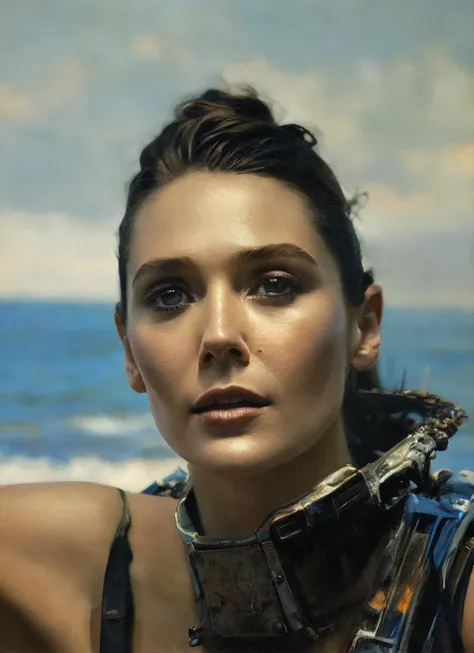 close up portrait RAW photo of sks woman, inspired by fallout, Mad Max and Waterworld, ,absurdres, detailed face, post apocalyptic atmosphere in 1930', an UNIQUE_TOKEN in rugged power armor holding a rifle with both hands, ((junkyard)), (debris), ((trash)), ((junk)), (((cars))) fill up the streets, rust, corrosion, sense of scale, sublime beauty of the grandiose environment, epic, cinematic composition, volumetric lighting, defined lines, blurred background, saturated colors, strong bloom, ((photorealistic)) panorama by Ed Blinkey, Atey Ghailan, by Jeremy Mann, Greg Manchess, Antonio Moro, Intricate, High Detail, Sharp focus, dramatic, by greg rutkowski, realism, beautiful and detailed lighting, shadows, by Jeremy Lipking, by Antonio J. Manzanedo, by Frederic Remington, by HW Hansen, by Charles Marion Russell, by William Herbert Dunton, <lora:locon_elizabetholsen_v1_from_v1_64_32:1.25>