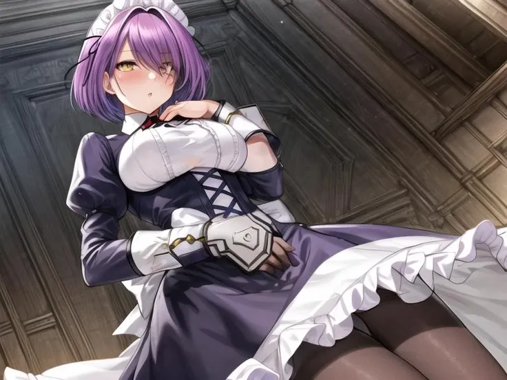 1girl, <lora:Gloucester_v1:0.7>Gloucester,purple hair, short hair,yellow eyes, maid headdress, maid, pantyhose,, <lora:flatBG:-0.5> ,<lora:flat2:-0.5>,(dark light:1.2),(hyper extreme detailed),(masterpeace:0.5),(hyper extreme),(photorealistic),game cg,llustration,novel illustration,beautiful lighting,light from the front,good_hands,beautiful art ,BREAK, <lyco:GoodHands-beta2:1.2>,(good hand,nice hands, perfect hands:1.3),(five finger:1.4),straight fingers,perfect fingers,beauty fingers,beauty  hand,