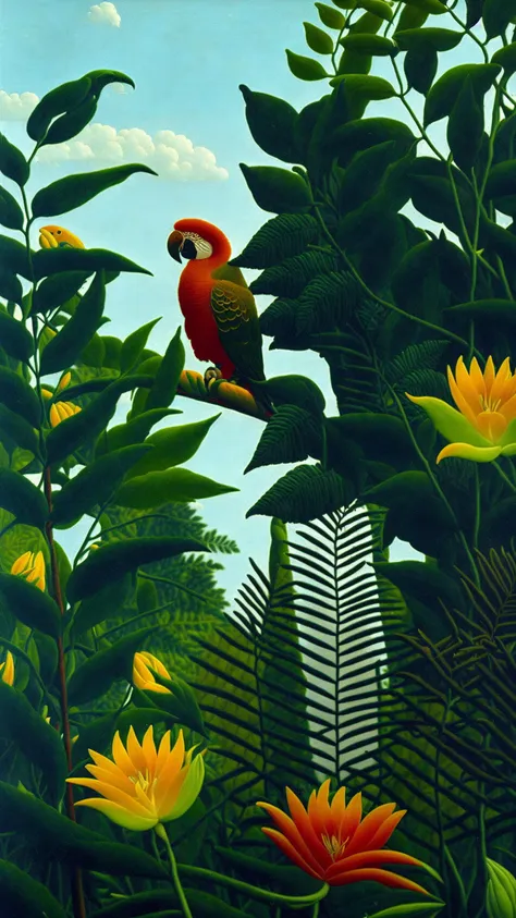 ((masterpiece)), high quality, (parrot), high resolution, ((professional artist)), (((flowers))), ((romanticism)), ((ferns)), lily, jungle, blue, day, sky, tree, branch, sun, by Henri Rousseau