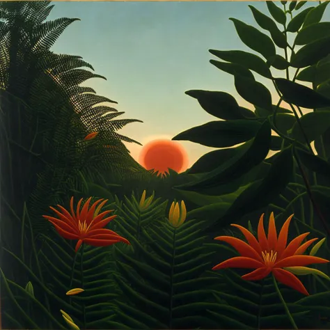 ((masterpiece))), high quality, high resolution, (((professional artist))), (((flower))), ((romanticism)), (ferns), lily, jungle, dusk, sky, tree, branch, red sun, by Henri Rousseau