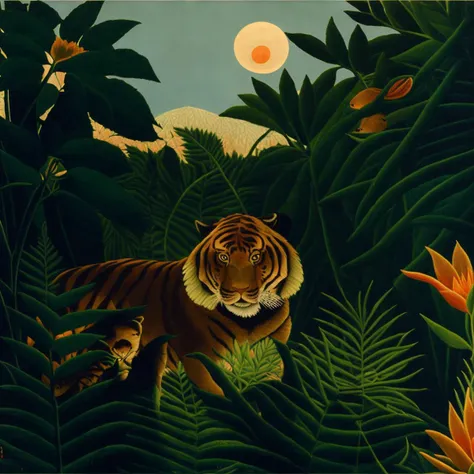 ((masterpiece))), tiger with wild eyes stalking prey, high quality, high resolution, (((professional artist))), flower, ((romanticism)), (ferns), lily, jungle, dusk, sky, tree, branch, ((sun)), by Henri Rousseau