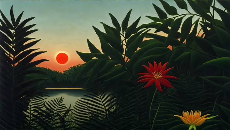 ((masterpiece))), high quality, high resolution, (((professional artist))), (((flower))), ((romanticism)), (ferns), lily, jungle, dusk, sky, tree, branch, red sun, by Henri Rousseau