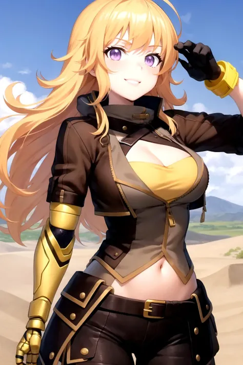 masterpiece, best quality, 1girl, yang xiao long, (prosthetic arm), smile, ahoge purple eyes, brown jacket, navel, cleavage, western, cowboy shot, desert background <lora:YangXiaoLong:1>
