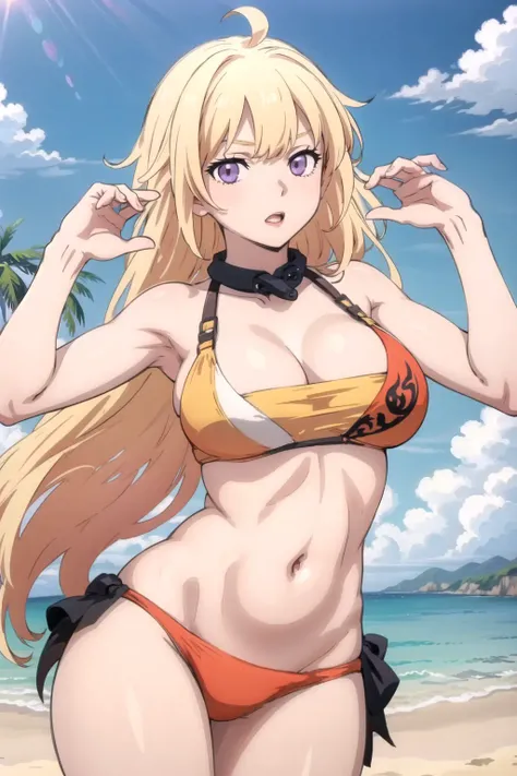 masterpiece, best quality, 1girl, yang xiao long, solo, ahoge, purple eyes, navel, bikini, sexy pose, beach background, blue sky, sunshine  <lora:animelike_2.5d:1> <lora:YangXiaoLong:1>