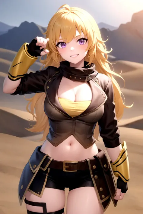 masterpiece, best quality, 1girl, yang xiao long, smile, ahoge purple eyes, fingerless gloves, brown jacket, navel, cleavage, western, cowboy shot, desert background <lora:YangXiaoLong:1>