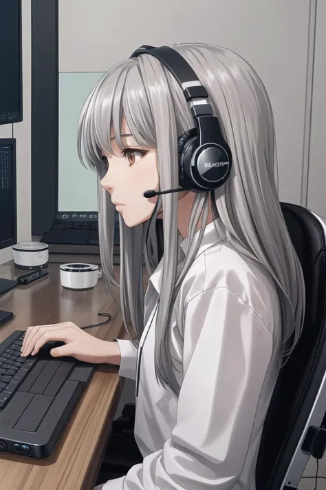 1girl,headset,solo,long hair,jacket,shirt,brown eyes,chinese text,white shirt,computer,grey hair,shaded face,headphones,upper body,sitting,laptop,speech bubble,chair,microphone,