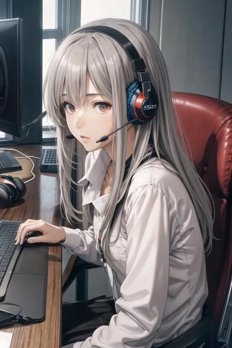 Best Quality,masterpieces,highres,absurdres,ultra-detailed,extremely detailed,official art,CG Unified 8K wallpaper,good lighting,illustrations,exquisite detail,exquisite rendering,
1girl,headset,solo,long hair,jacket,shirt,brown eyes,chinese text,white shirt,computer,grey hair,shaded face,headphones,upper body,sitting,laptop,speech bubble,chair,microphone,